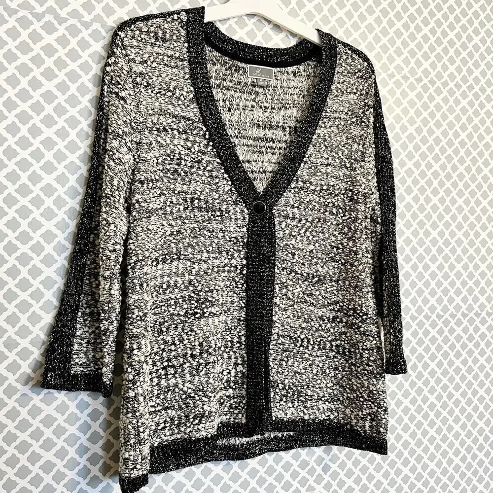 JM COLLECTION Black White Boucle Metallic Cardigan Sweater Size M